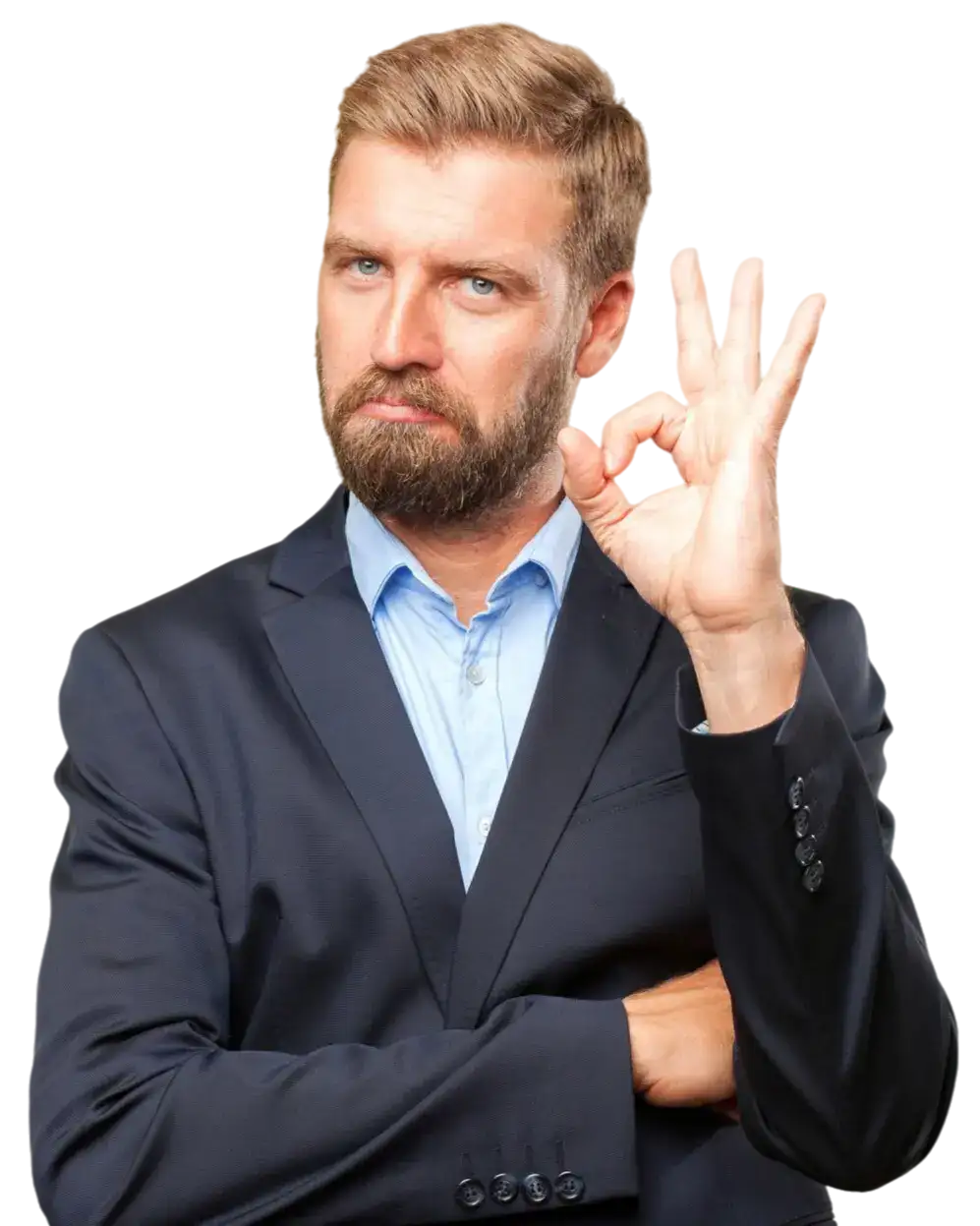 Business professional in a suit making an okay hand gesture, representing satisfaction and confidence
