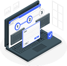 Laptop displaying an online business filing process with step-by-step compliance checklist and navigation buttons