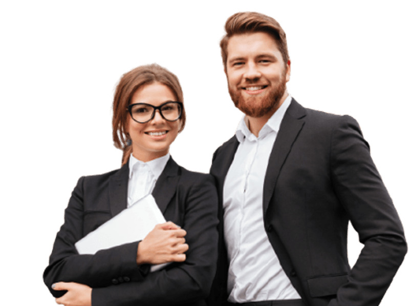Two business professionals in formal attire standing side by side and smiling, one holding a folder to their chest, representing confidence and professionalism in business formation.