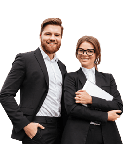 Two business formation professionals in formal attire smiling confidently – start a business with expert guidance