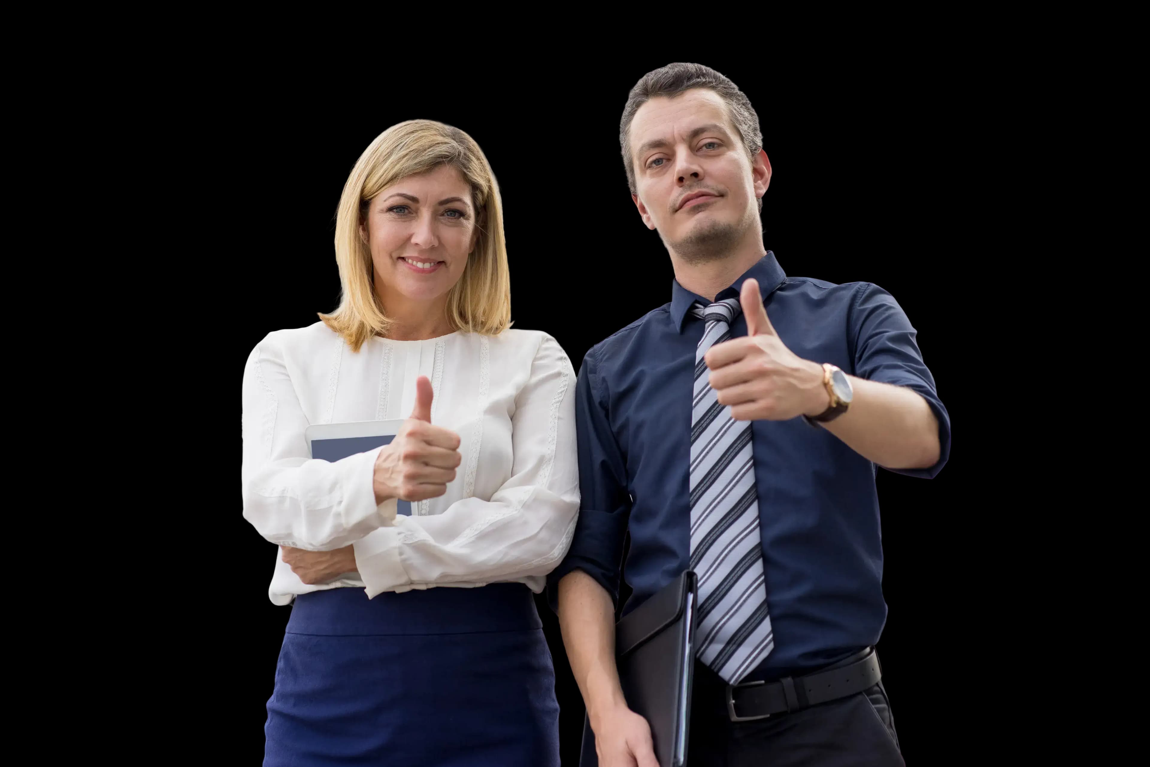 Two business professionals standing side by side, both smiling and giving a thumbs up, one holding a folder to their chest and the other holding a folder at their side, representing trust and satisfaction in choosing the right partner for business formation.